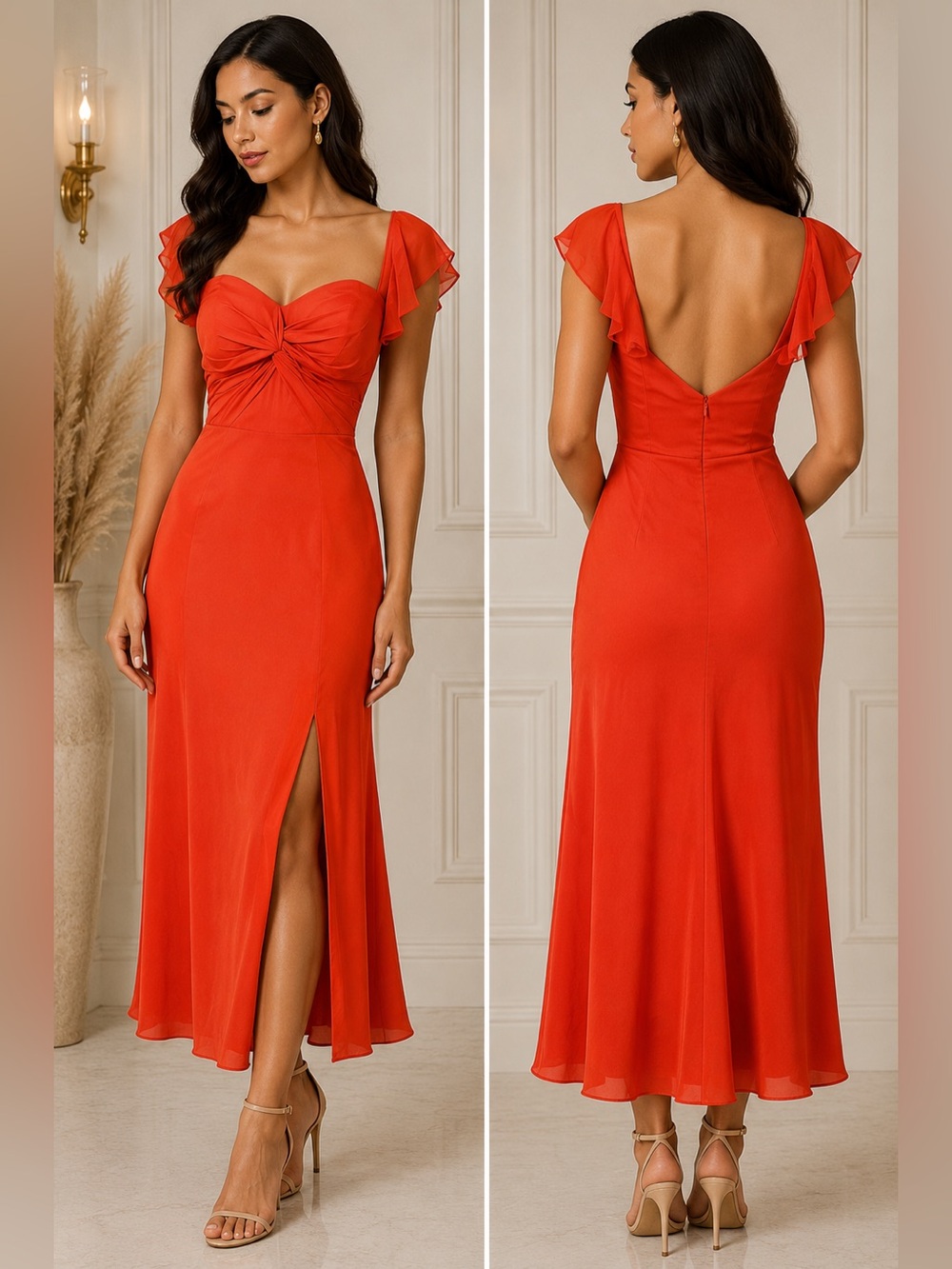 NWOT Azazie Orange Coral Chiffon Flutter Sleeve Formal Gown Dress A8 Pockets